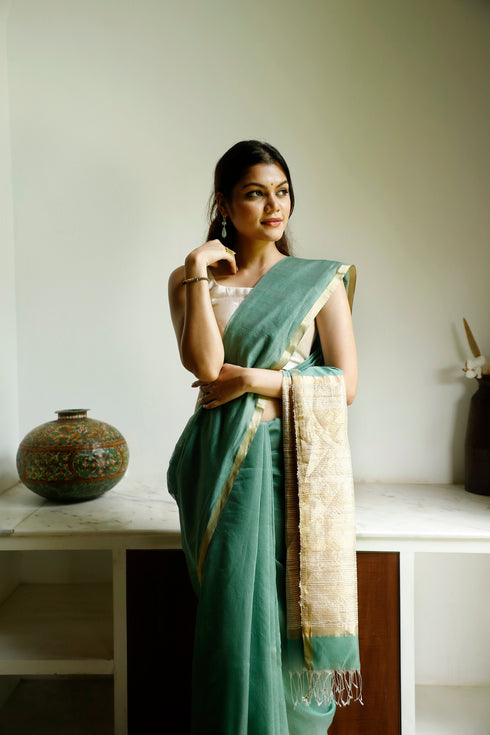 Handwoven Sea Green Maheshwari Saree